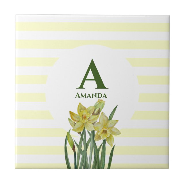 Monogram Name Watercolor Yellow Daffodils Stripes Tile (Front)