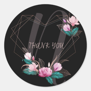 Monogram Name Wedding Pink Floral Geometric Black Classic Round Sticker