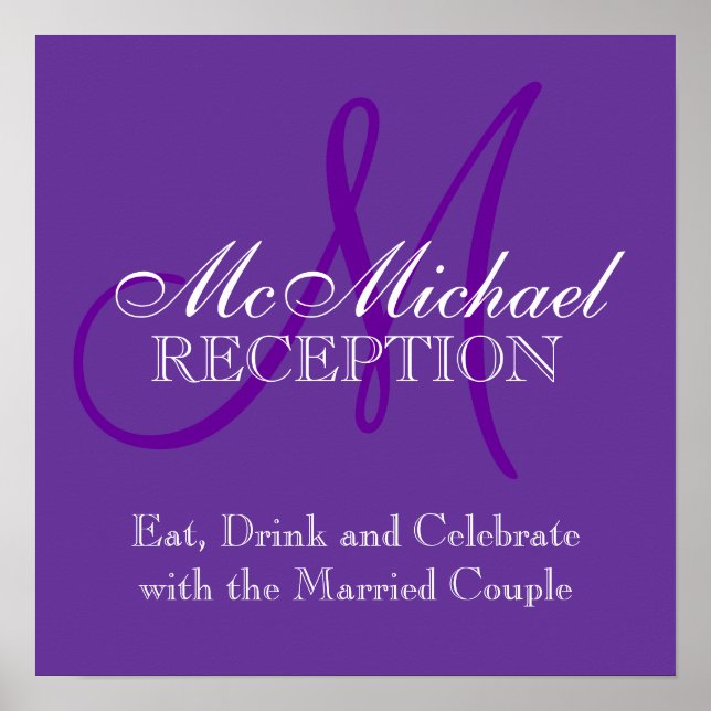 Monogram Name Wedding Reception Sign Purple (Front)