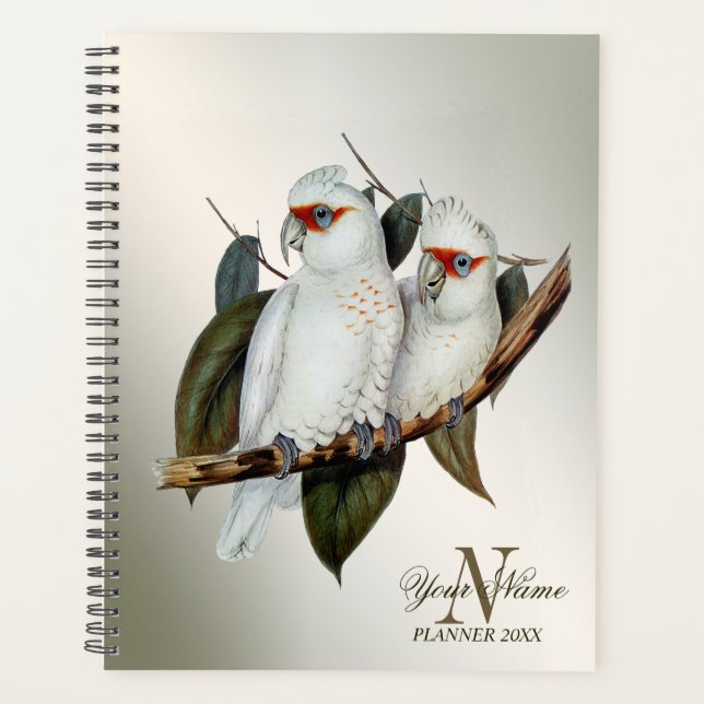 Monogram Name White Birds Cockatoo Green Leaves Planner (Front)