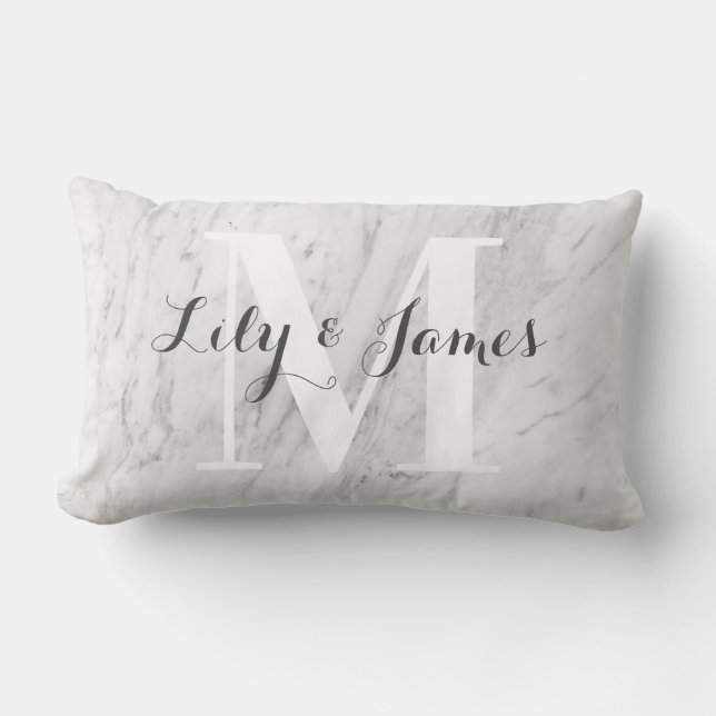 Monogram Name White Grey Marble Wedding Keepsake Lumbar Pillow (Front)