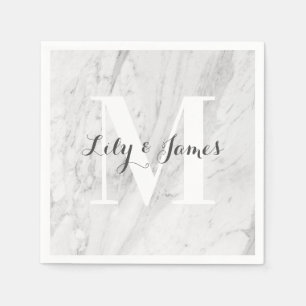 Monogram Name White Grey Marble Wedding Keepsake Napkin