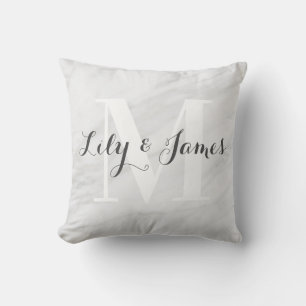 Monogram Name White Grey Marble Wedding Keepsake Throw Pillow