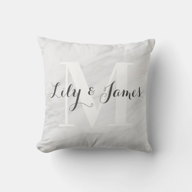 Monogram Name White Grey Marble Wedding Keepsake Throw Pillow (Front)