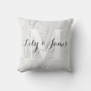 Monogram Name White Grey Marble Wedding Keepsake Throw Pillow