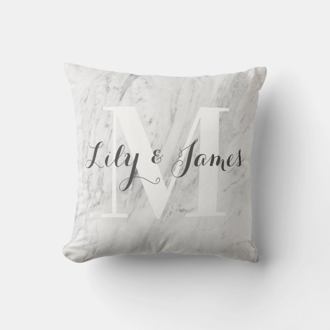 Monogram Name White Grey Marble Wedding Keepsake Throw Pillow (Front)