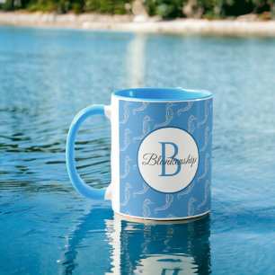 Monogram Name White Seahorse Skeleton Pattern Mug