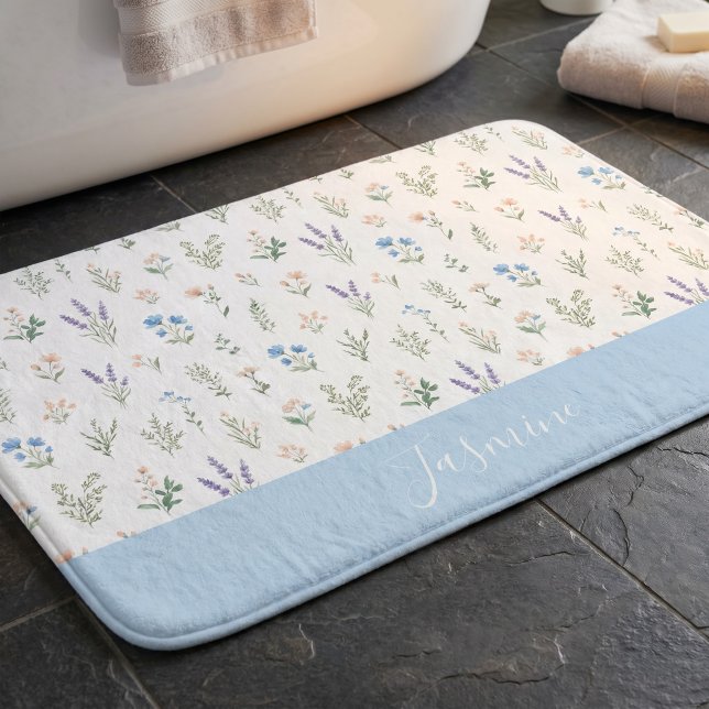 Monogram Name Wildflower Blue Lavender Boho Bath Mat (Creator Uploaded)