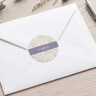 Monogram Name Wildflower Boho Lavender Poppies Classic Round Sticker