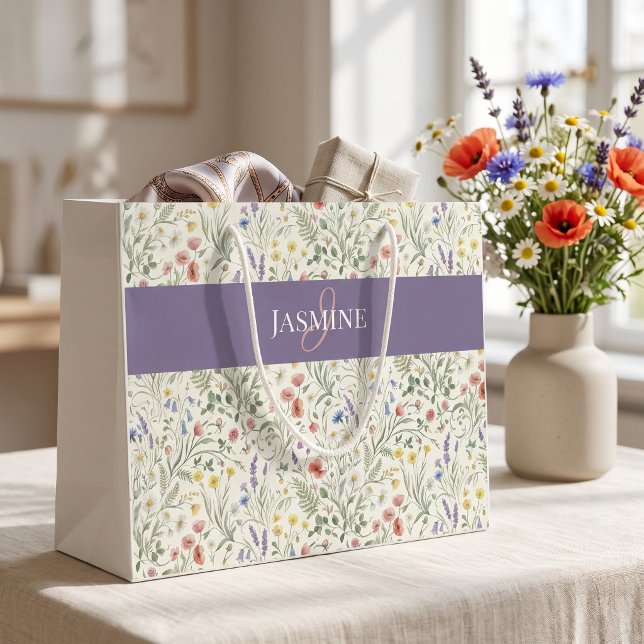 Monogram Name Wildflower Boho Lavender Poppies Large Gift Bag (Creator Uploaded)