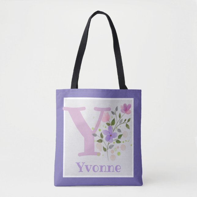 Monogram & Name with Flowers Tote Bag (Front)