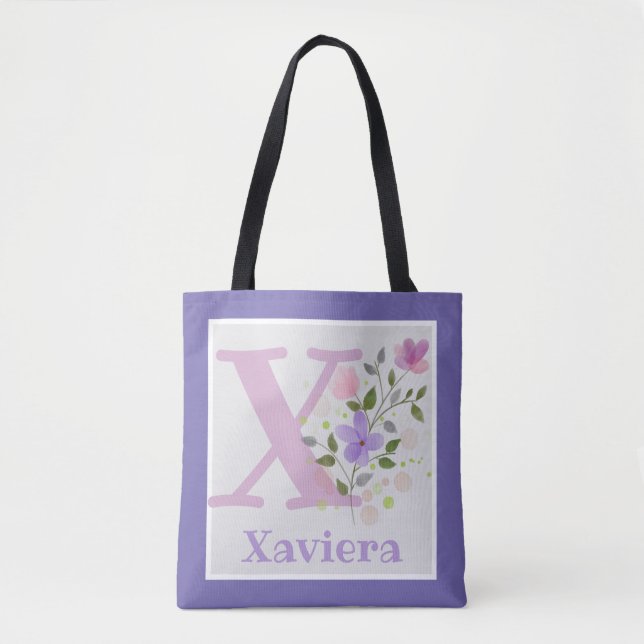 Monogram & Name Xaviera with Flowers Tote Bag (Front)