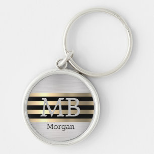 Monogram & Name, Yel Gold Brushed Steel Black Keychain
