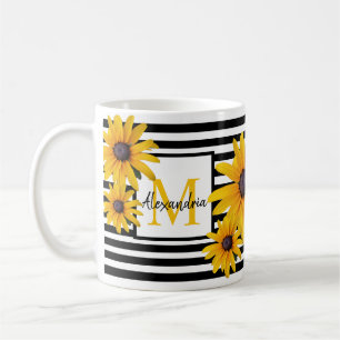 Monogram Name Yellow Flower Black Stripe Coffee Mug