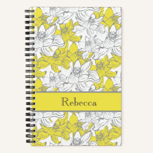 Monogram Name Yellow Grey White Floral Flowers  Notebook