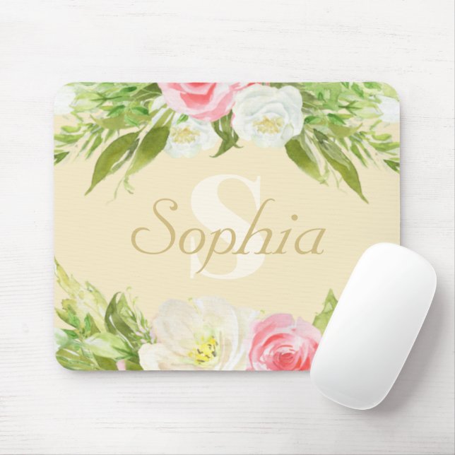 Monogram Name Yellow Pink Watercolor Floral Mouse Pad (With Mouse)