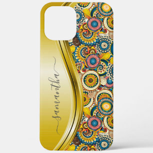 Monogram Name Yellow Retro Abstract Pattern  iPhone 12 Pro Max Case