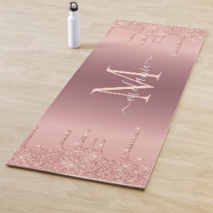 Monogram Name Yoga Mat Rose Gold Blush Glitter
