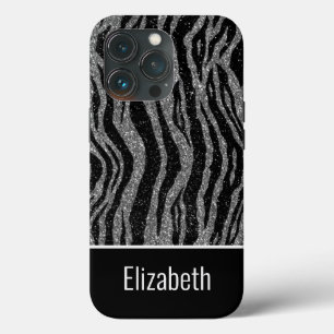 Monogram name  Zebra Print Black Silver Grey iPhone 13 Pro Case