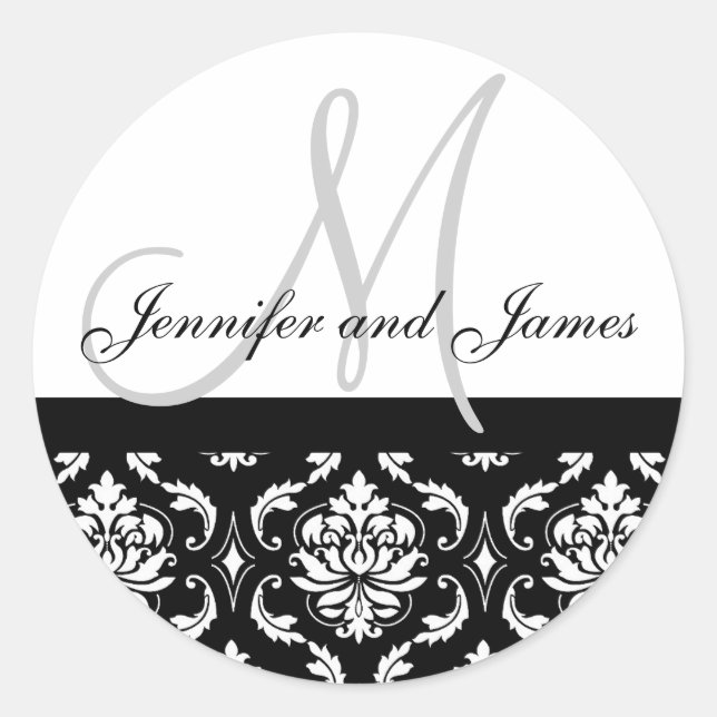 Monogram & Names Damask Grey Wedding Sticker (Front)