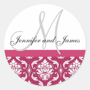 Monogram & Names Damask Hot PInk Wedding Sticker