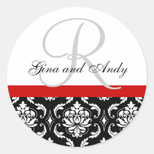 Monogram & Names Damask Red Wedding Sticker