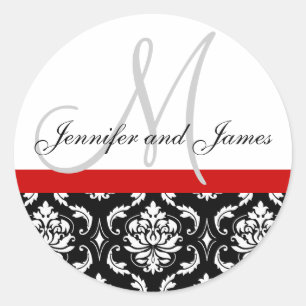 Monogram & Names Damask Red Wedding Sticker