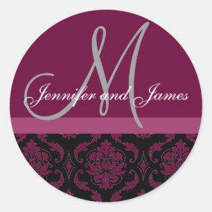 Monogram & Names Damask Wine Grey Wedding Sticker
