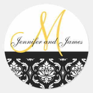 Monogram & Names Damask Yellow Wedding Sticker