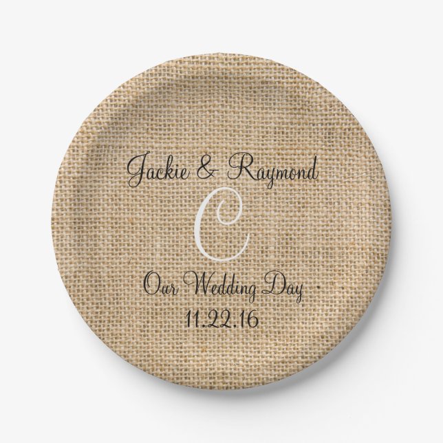 Monogram Names Date Rustic Burlap Monogram Paper Plate (Front)