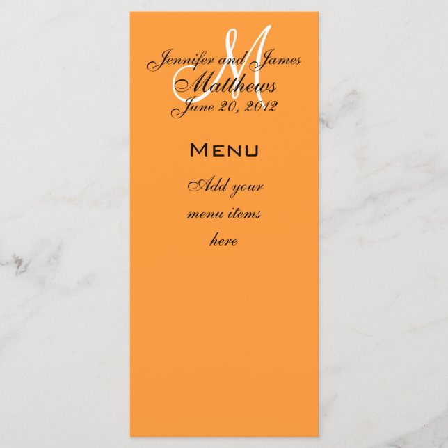 Monogram Names Date Wedding Menu Cards Orange (Front)