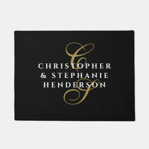 Monogram Names Elegant Black Gold White Minimalist Doormat