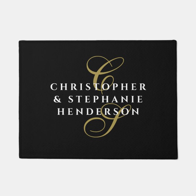 Monogram Names Elegant Black Gold White Minimalist Doormat (Front)