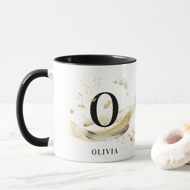 Monogram natural elegant gold abstract watercolor mug (With Donut)