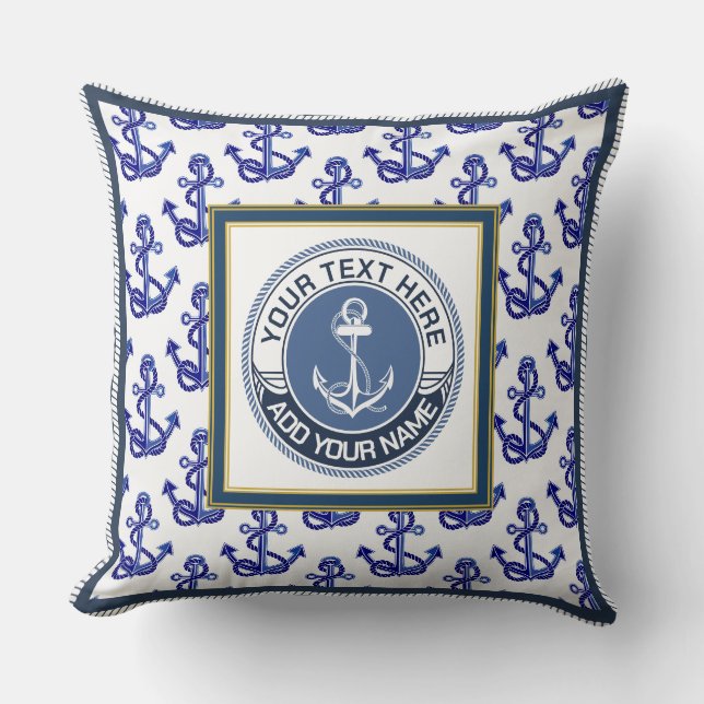 Monogram Nautical Anchor Pattern and Blue White Throw Pillow (Front)