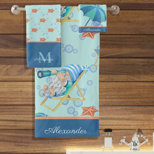 Monogram Nautical Beach Gnome Blue White Boy Bath Towel Set (Creator Uploaded)