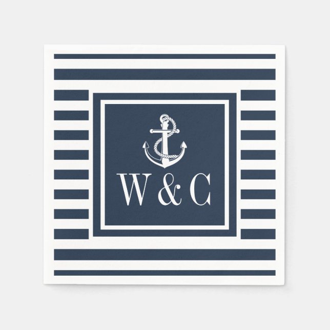 Monogram Nautical Boat Anchor Navy Blue Stripe Napkin (Front)