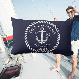Monogram Nautical Boat Name Anchor Rope Navy Blue  Outdoor Pillow