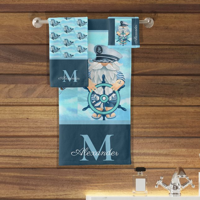 Monogram Nautical Captain Gnome Blue White Boy Bath Towel Set (Creator Uploaded)