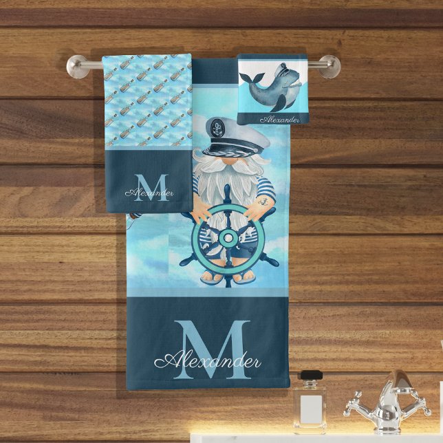 Monogram Nautical Captain n Whale Blue White Boy Bath Towel Set (Creator Uploaded)