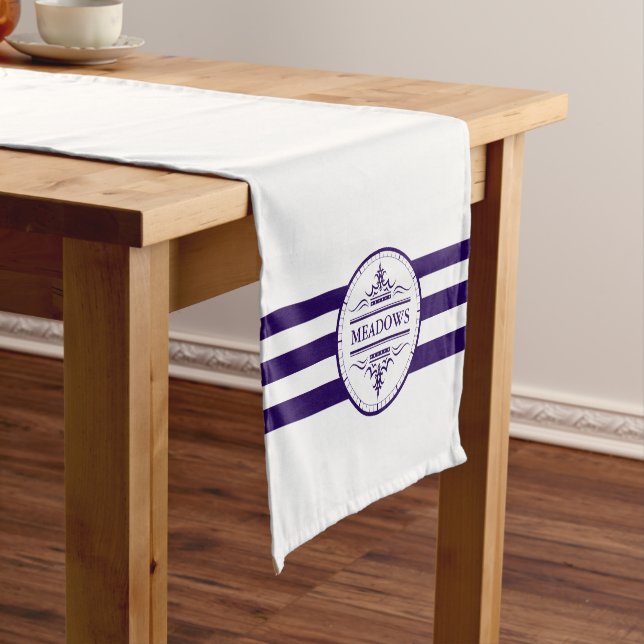 Monogram Nautical Elegant Navy Blue Table Runner (In Situ)
