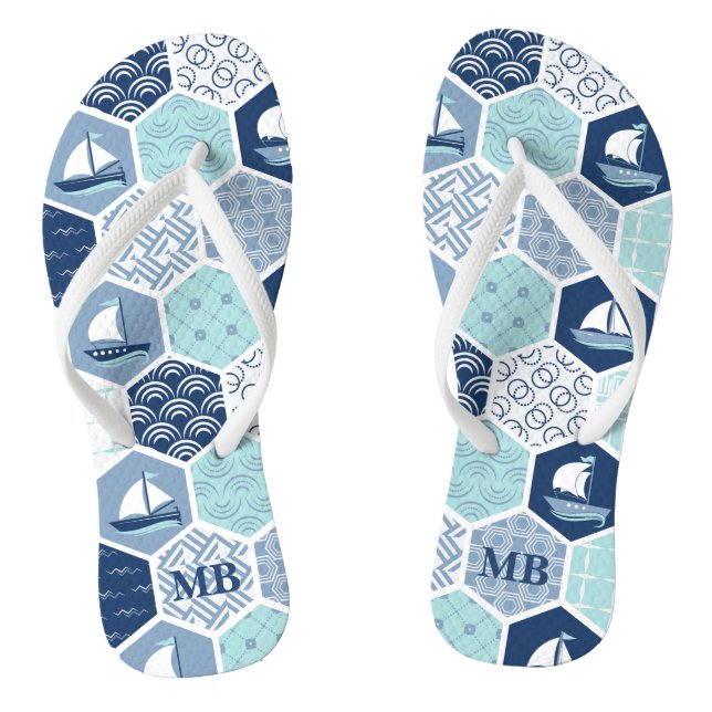 Monogram Nautical Modern Boat Blue Personalized Flip Flops (Footbed)