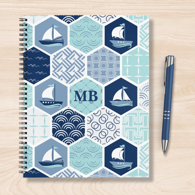 Monogram Nautical Modern Boat Blue Personalized Notebook (Creator Uploaded)