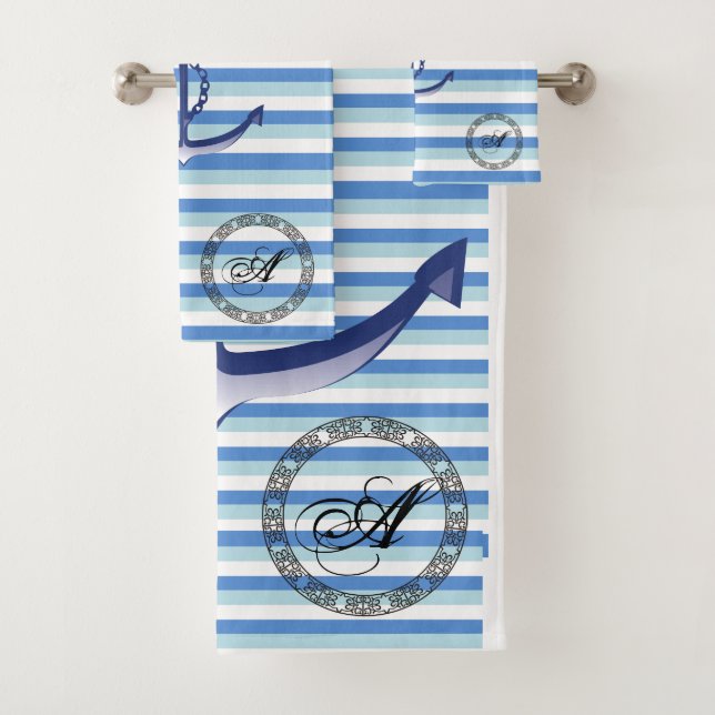 Monogram nautical navy blue anchor on blue stripes bath towel set (Insitu)