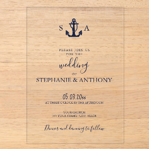 Monogram Nautical Navy Blue Anchor Wedding     Acrylic Invitations