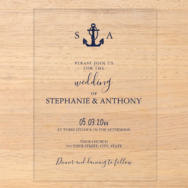 Monogram Nautical Navy Blue Anchor Wedding     Acrylic Invitations (Front)