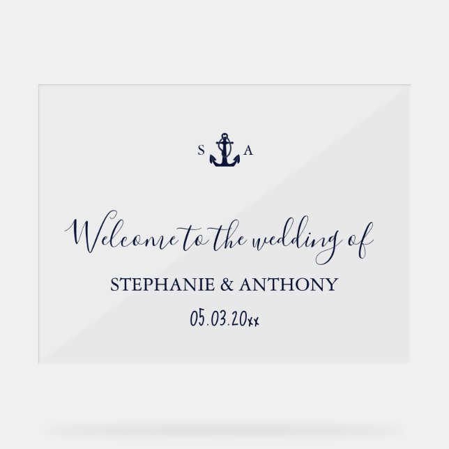 Monogram Nautical Navy Blue Anchor Wedding     Acrylic Sign (Front)