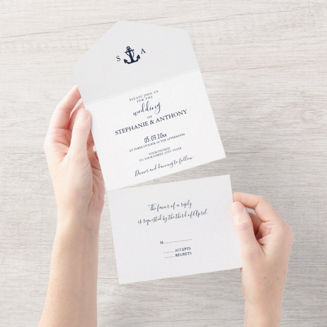 Monogram Nautical Navy Blue Anchor Wedding     All In One Invitation (Tearaway)