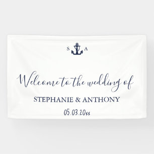 Monogram Nautical Navy Blue Anchor Wedding     Banner