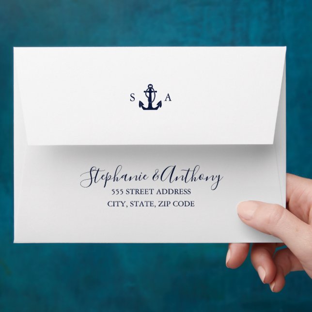 Monogram Nautical Navy Blue Anchor Wedding    Envelope (Hand)